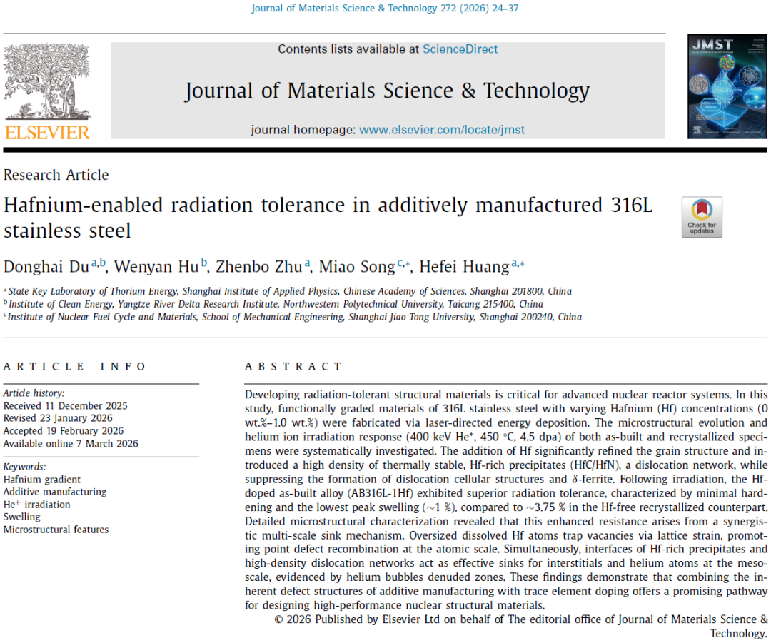 上海交大 | JMST | Hf微合金化增材制造316L：1.0 wt.% Hf使辐照肿胀从3.75%降至1%，位错+析出相协同陷阱